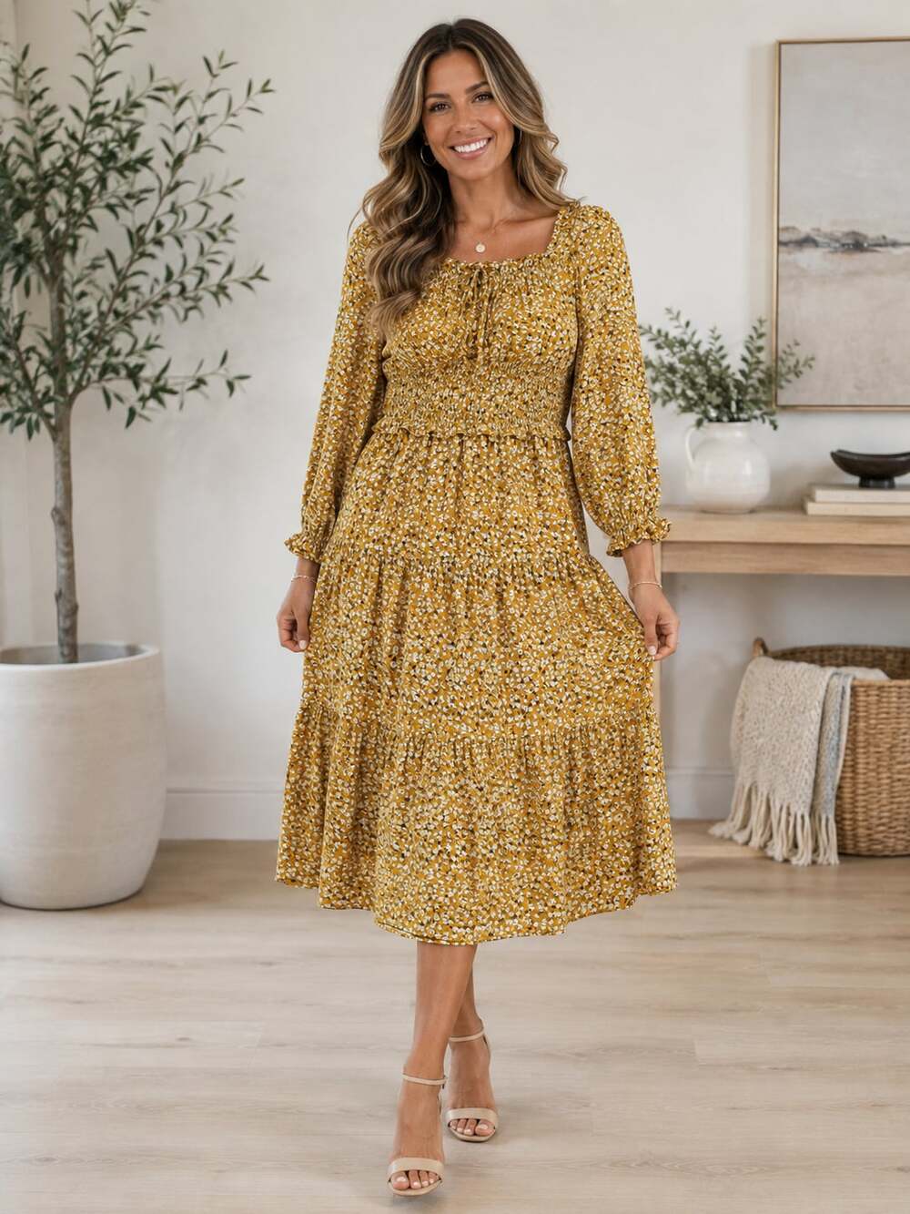 Hayden Los Angeles Floral Midi Dress Mustard Smocked Square Neck Pockets L